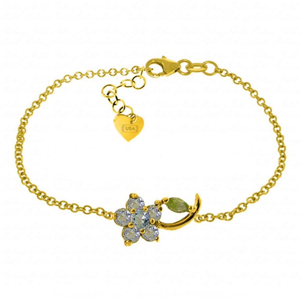 0.87 Carat 14K Gold Flower Bracelet Aquamarine Peridot