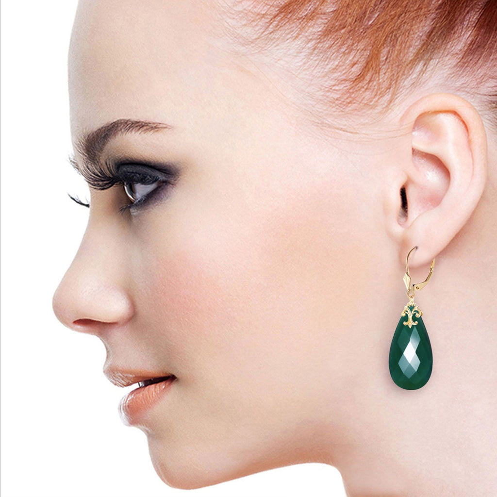 14K Gold Leverback Earrings w/ Briolette 31x16 mm Deep Green Chalcedony
