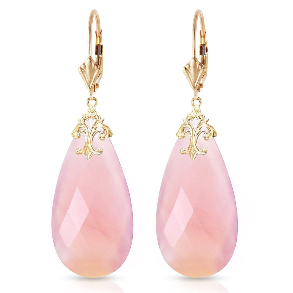 14K Gold Leverback Earrings w/ Briolette 31x16 mm Pink Chalcedony