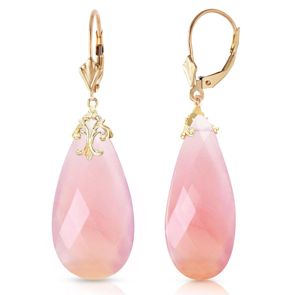 14K Gold Leverback Earrings w/ Briolette 31x16 mm Pink Chalcedony
