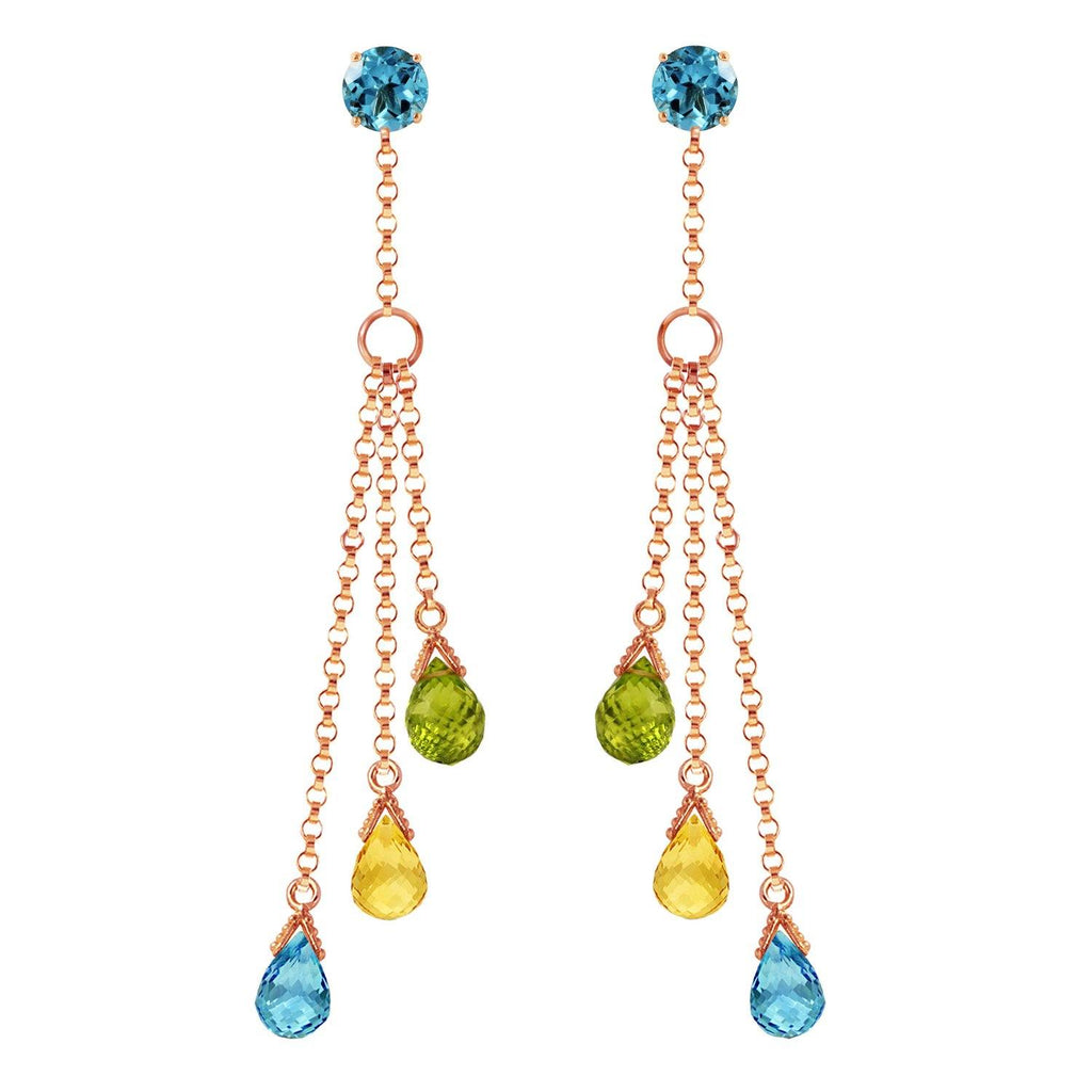 14K Rose Gold Chandelier Earrings w/ Blue Topaz, Citrines & Peridots