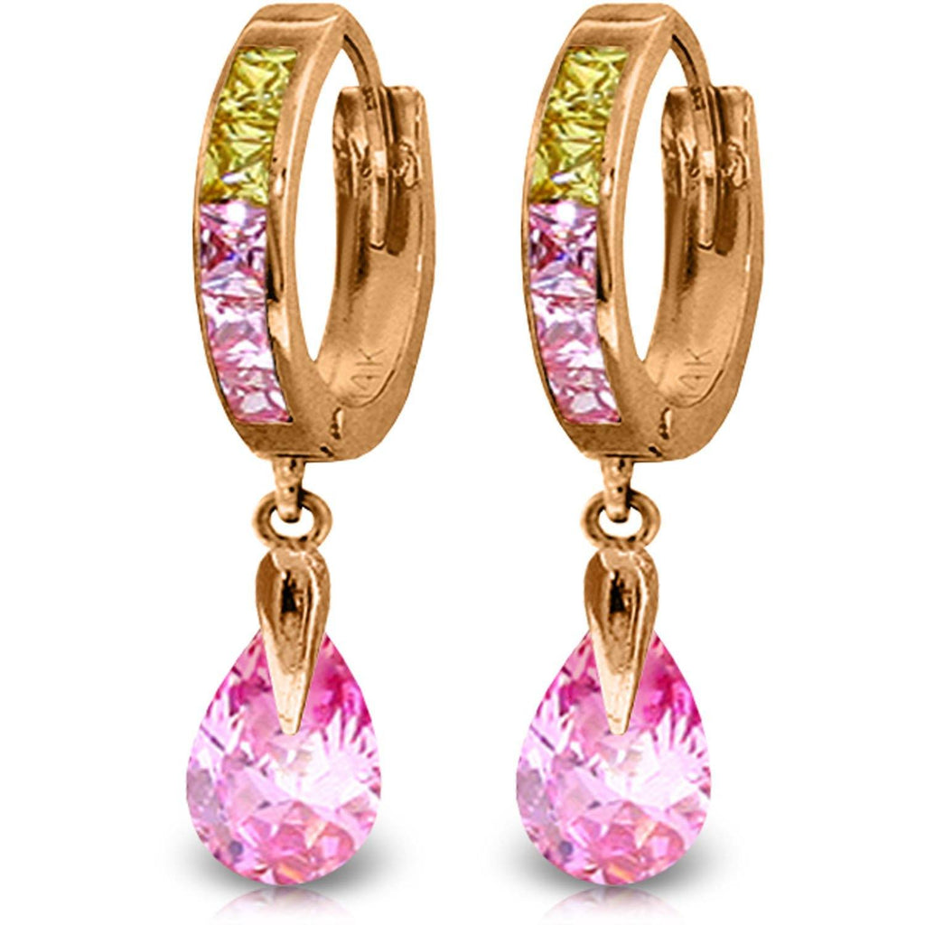 14K Rose Gold Dangling Pink Cubic Zirconia Pear Hoop Earrings