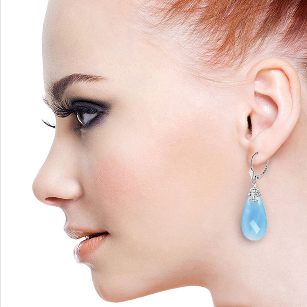 14K Rose Gold Leverback Earrings w/ Briolette 31x16 mm Aqua Blue Chalcedony