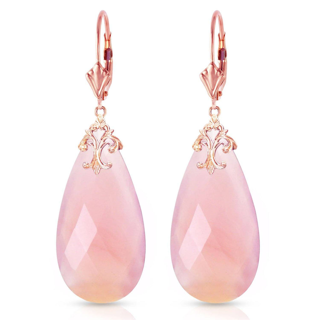 14K Rose Gold Leverback Earrings w/ Briolette 31x16 mm Pink Chalcedony