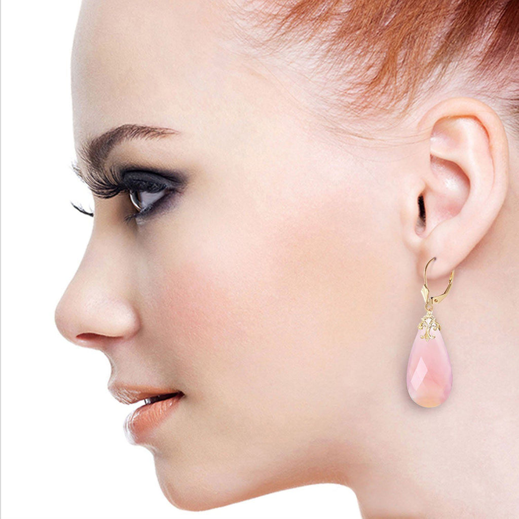 14K Rose Gold Leverback Earrings w/ Briolette 31x16 mm Pink Chalcedony