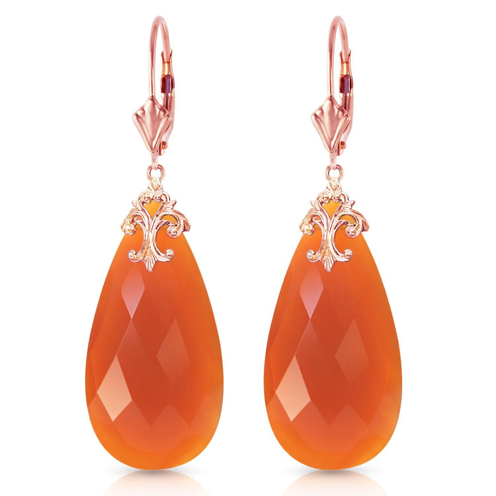 14K Rose Gold Leverback Earrings w/ Briolette 31x16 mm Reddish Orange Chalcedony