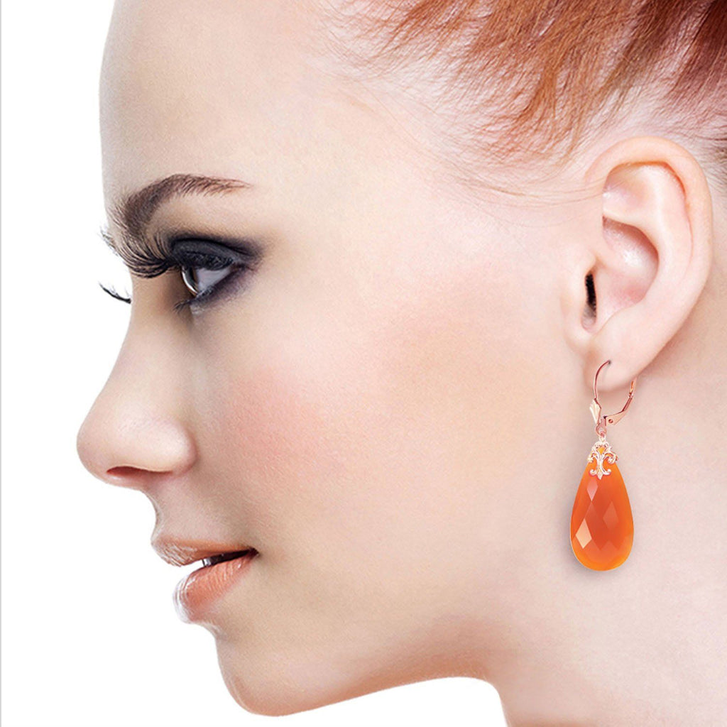 14K Rose Gold Leverback Earrings w/ Briolette 31x16 mm Reddish Orange Chalcedony
