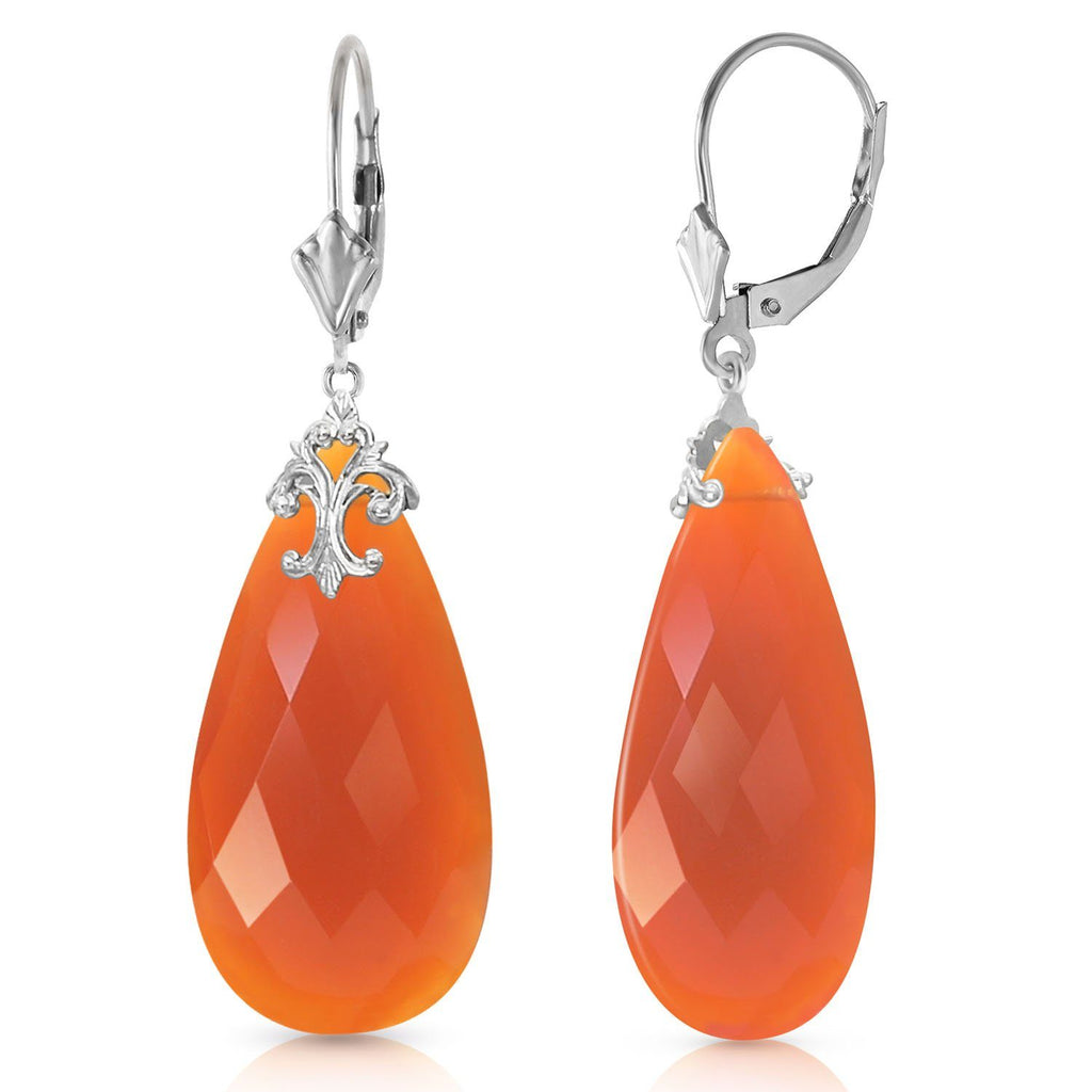 14K White Gold Leverback Earrings w/ Briolette 31x16 mm Reddish Orange Chalcedony
