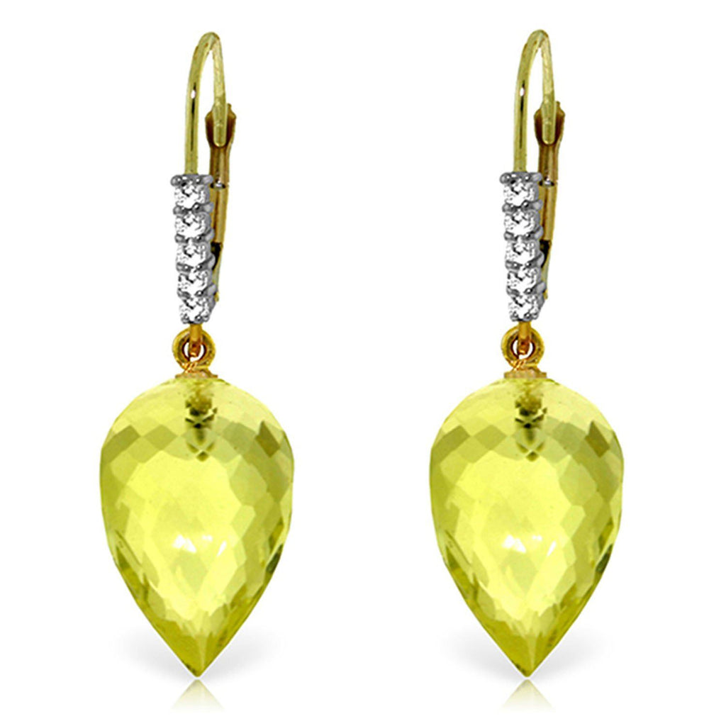 18.15 Carat 14K Gold Drop Briolette Lemon Quartz Diamond Earrings