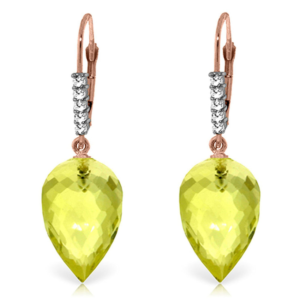 18.15 Carat 14K Rose Gold Drop Briolette Lemon Quartz Diamond Earrings