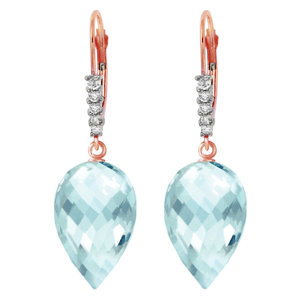 22.65 Carat 14K Gold Drop Briolette Blue Topaz Diamond Earrings