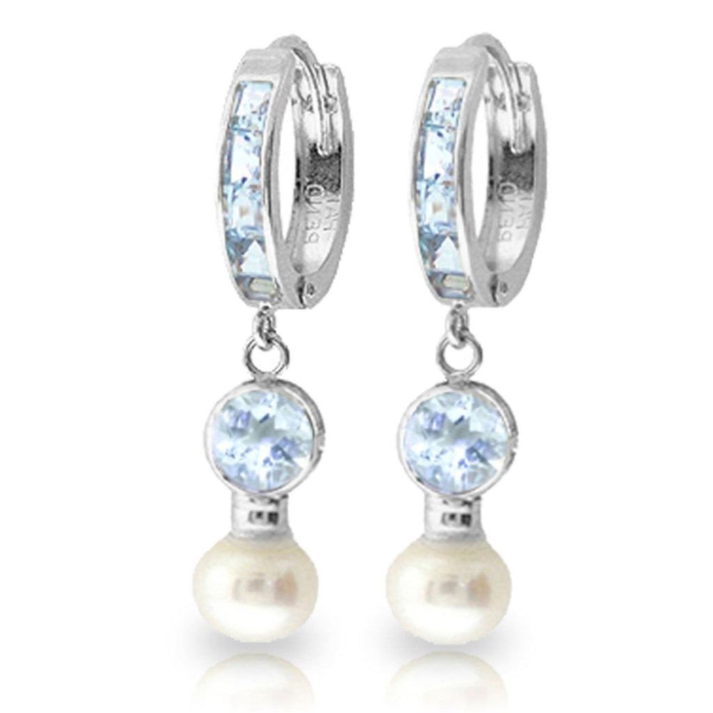 4.3 Carat 14K White Gold Hoop Earrings Pearl Aquamarine