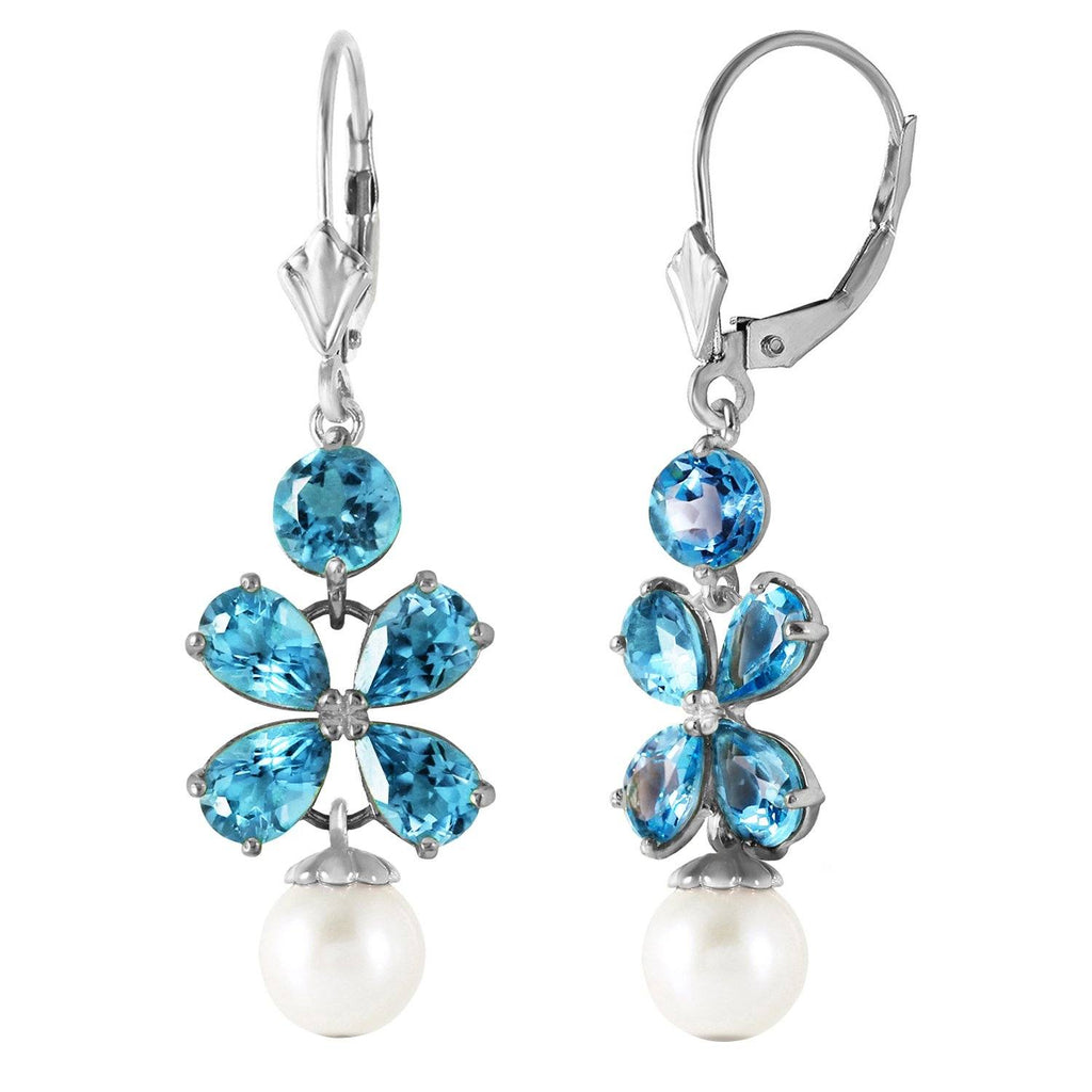 6.28 Carat 14K White Gold Chandelier Earrings Blue Topaz Pearl