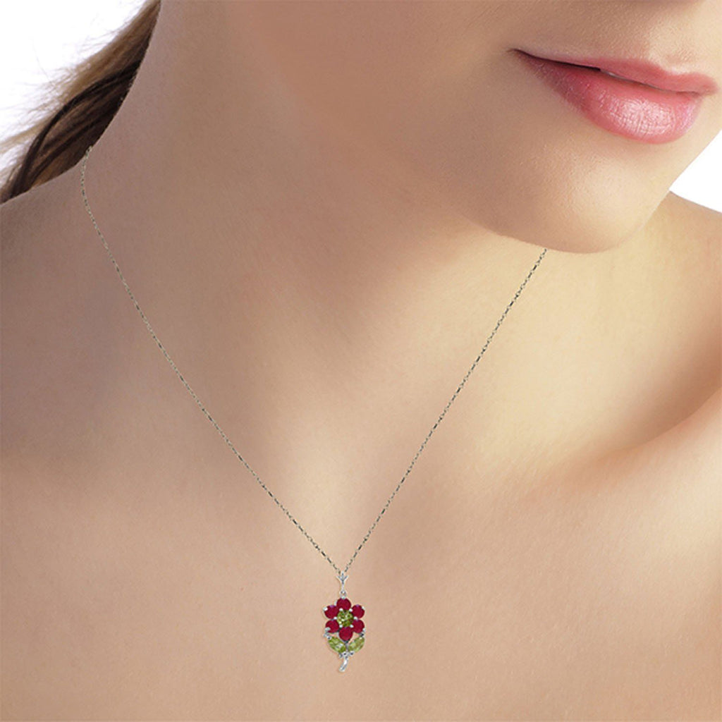 1.06 Carat 14K White Gold Flower Necklace Ruby Peridot