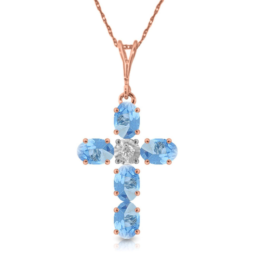 1.75 Carat 14K Gold Cross Necklace Natural Diamond Blue Topaz