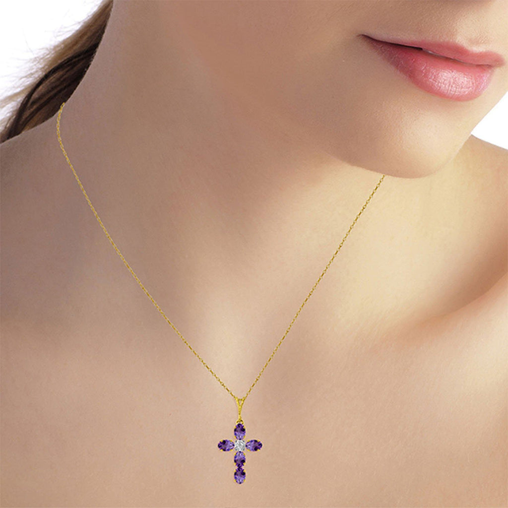 1.75 Carat 14K Gold Cross Necklace Natural Diamond Purple Amethyst