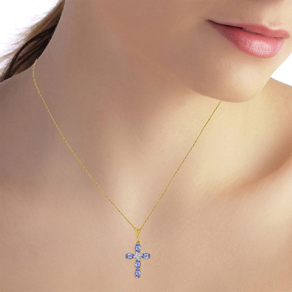 1.75 Carat 14K Gold Cross Necklace Natural Diamond Tanzanite
