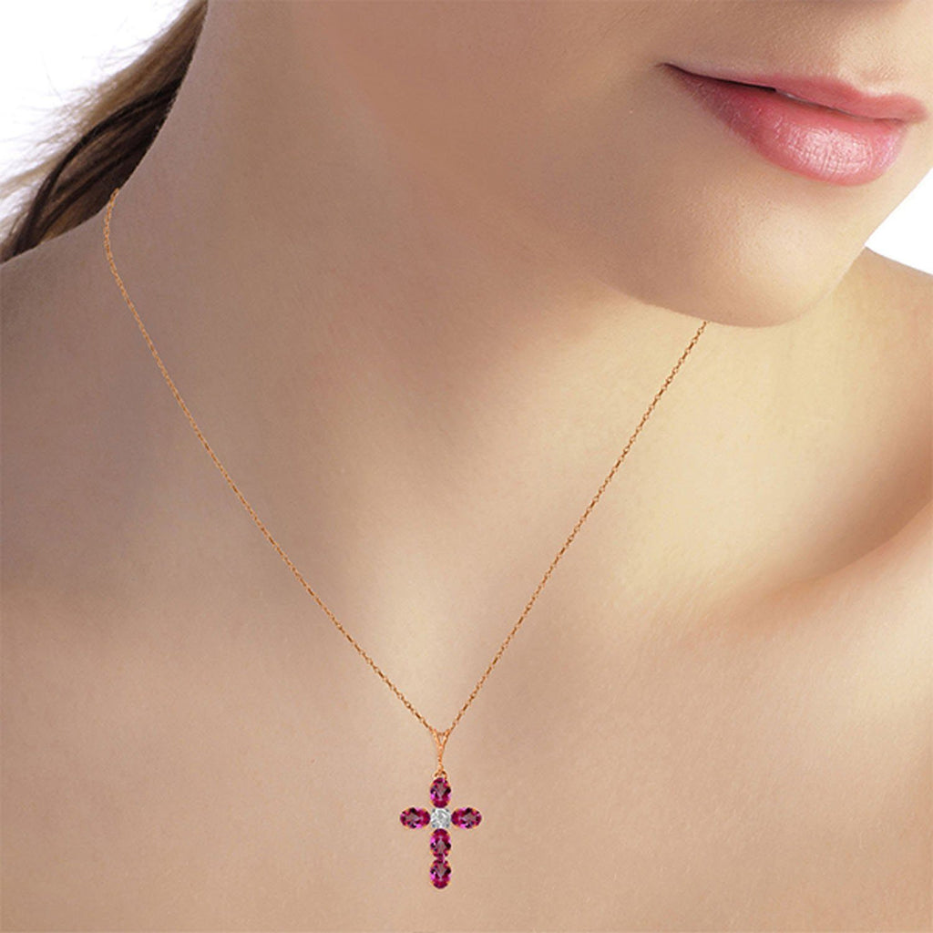 1.88 Carat 14K Rose Gold Cross Necklace Natural Diamond Pink Topaz