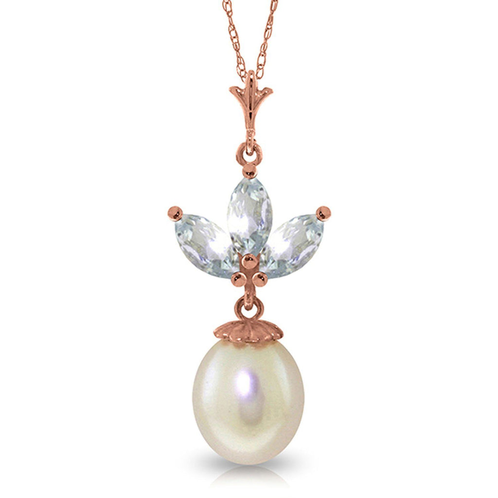 14K Solid Rose Gold Necklace with pearl & Aquamarines