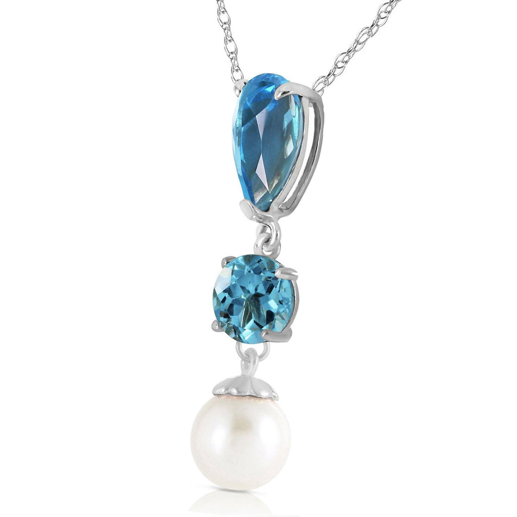 5.25 Carat 14K White Gold Piece Of Heaven Blue Topaz Pearl Necklace