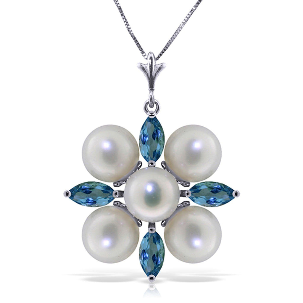6.3 Carat 14K White Gold Peace Of Heaven Blue Topaz Pearl Necklace
