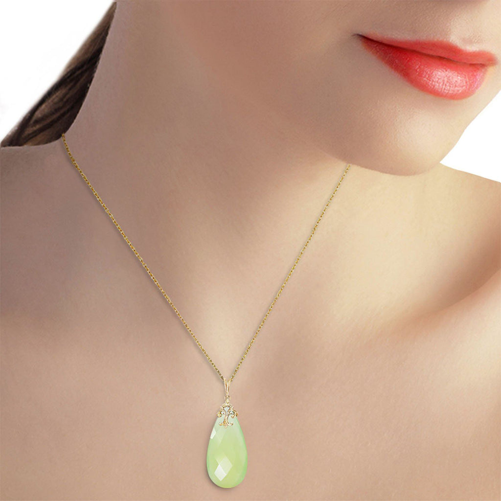 14K Gold Necklace w/ Briolette 31x16 mm Prehnite Color Chalcedony